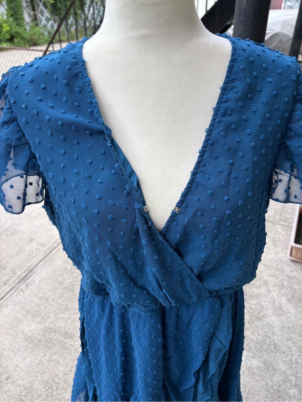 BTFBM Blue Swiss Dot Faux Wrap Midi Dress Ruffle High Low Neck Snap L Like New - Picture 6 of 8
